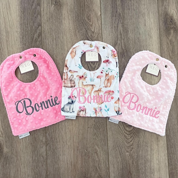 Minky Baby Girl Bib Set of 3 { Baby-to-Toddler Adjustable Snap Bibs } Sweet Darlings Woodland Animals + Pink + Paris Pink, Soft & Durable
