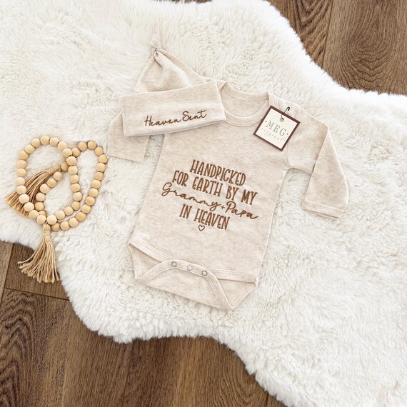 Custom Personalized Newborn Baby Bodysuit, Embroidered with "Handpicked for Earth by my Grandma/Grandpa/Nana/Your Choice in Heaven" with Cap