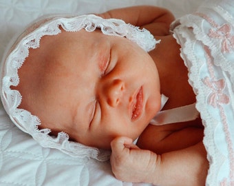 Baby Girl Ribbon & Lace Bonnet in White with Pink Ribbon { Heirloom Collection } 0-6 months Adjustable Tie Cap