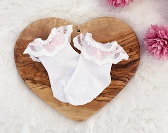 Beautiful Newborn Baby Girl Ruffle Socks { Pink Bow } Pretty Shower Gift, Feminine Layette Accessories - Choose Size 0-12 or 12-24 month