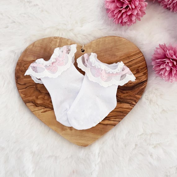 Beautiful Newborn Baby Girl Ruffle Socks { Pink Bow } Pretty Shower Gift, Feminine Layette Accessories - Choose Size 0-12 or 12-24 month