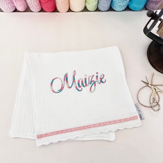 Sweet Embroidered Burp Cloths for Baby { Pink & Blue Stitching } Soft and Absorbent 100% Cotton with Custom Name Monogram Embroidery