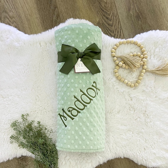 Sage Green Minky Dot Baby Blanket + Option to Personalize with Name / Initial Monogram - Baby Shower Gift - Gender Neutral, Unisex, Boy