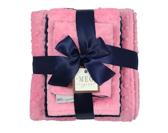 Paris Pink & Navy Blue Minky Dot Set { Baby Girl Shower Gift Set } Blanket + Burp Cloth + Bib - Option to Personalize with Name / Initials