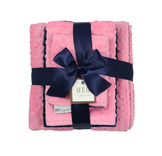 Paris Pink & Navy Blue Minky Dot Set { Baby Girl Shower Gift Set } Blanket + Burp Cloth + Bib - Option to Personalize with Name / Initials