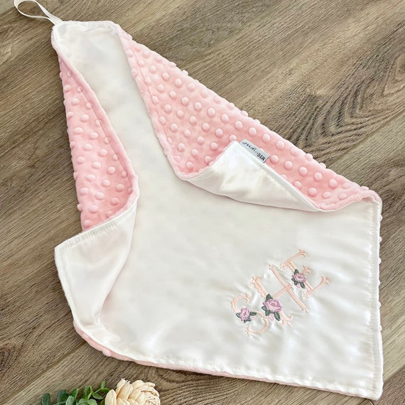 Floral Scallop Monogram Satin + Minky Baby Girl Security Blanket / Lovey with Loop { Ivory Satin } Choice of Minky Dot Color Shower Gift