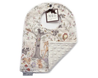 Baby-to-Toddler Adjustable Snap Bib { Woodland Meadows } Grows with Baby into a Toddler - Soft & Durable - Forest Animals on Cream