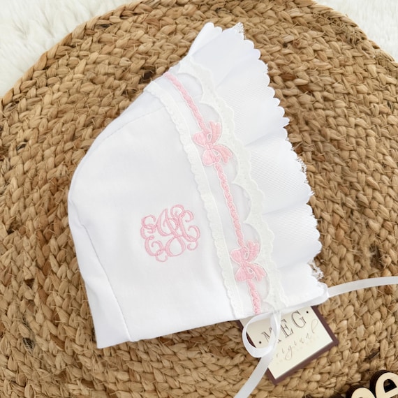 Monogrammed Baby Girl Lace Ruffle Bonnet with Bows, Newborn Infant Photography/Photo Prop