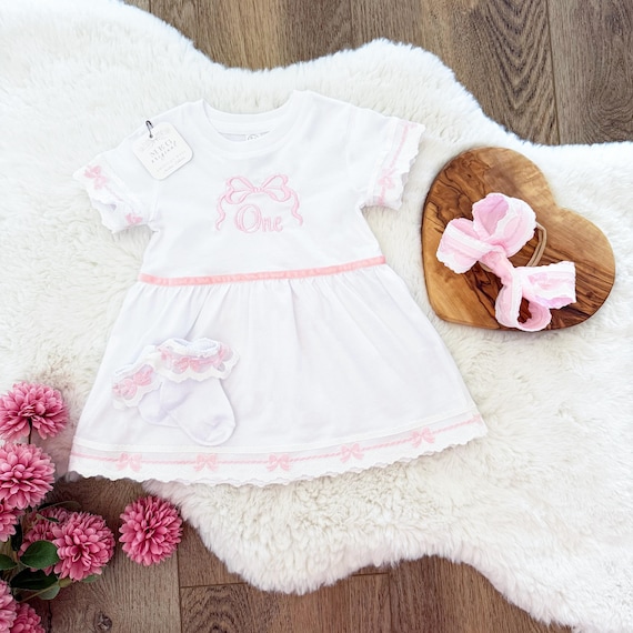 First Birthday Set- "One" with Pink Bow Frame - Photo Prop, Cake Smash Outfit - Dress, Hair Bow, & Ruffle Socks