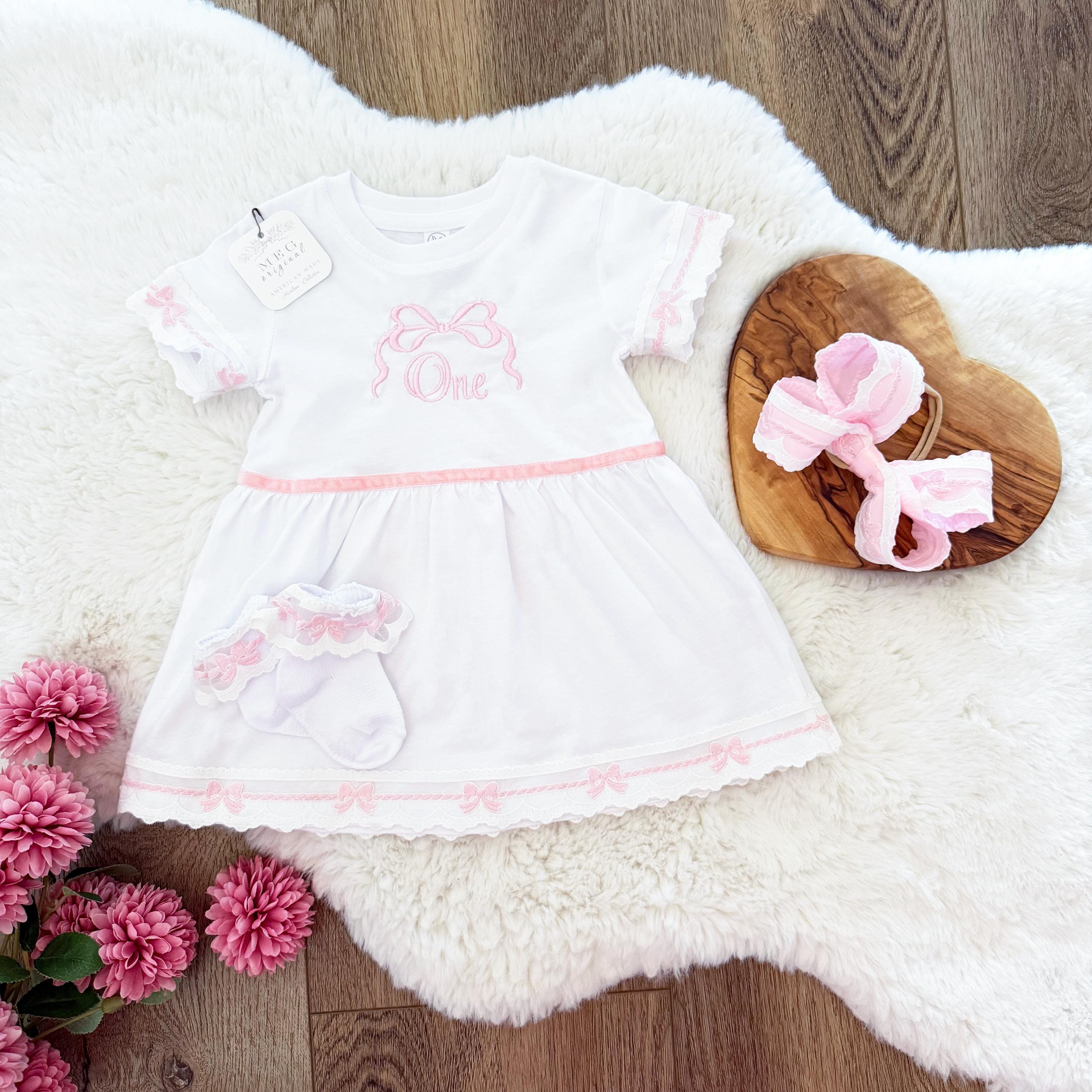 First Birthday Set- "One" with Pink Bow Frame - Photo Prop, Cake Smash Outfit - Dress, Hair Bow, & Ruffle Socks
