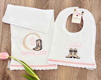 Pretty Baby Girl Bib & Burp Cloth Set { Cowgirl Theme with Cute Boots + Lasso } Soft and Absorbent 100% Cotton with Custom Embroidery + Name