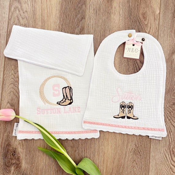 Pretty Baby Girl Bib & Burp Cloth Set { Cowgirl Theme with Cute Boots + Lasso } Soft and Absorbent 100% Cotton with Custom Embroidery + Name