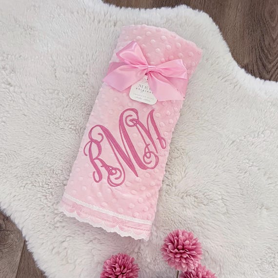 Pink Heirloom Baby Girl Minky Dot Blanket with Delicate White & Pink Bow Lace Trim Finishing + Option to Personalize with Name or Initials