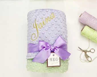 Lavender & Green Minky Dot Baby Girl Blanket + Option to Personalize with Name or Initial Monogram - Beautiful Baby Shower Gift