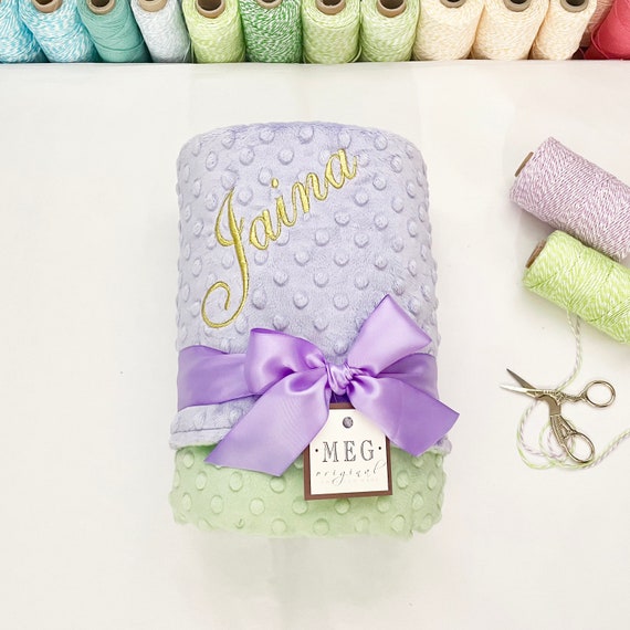 Lavender & Green Minky Dot Baby Girl Blanket + Option to Personalize with Name or Initial Monogram - Beautiful Baby Shower Gift