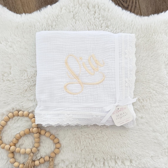 Heirloom Baby Blanket: White Cotton Swaddle with Bow Lace Trim
