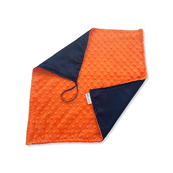 Satin + Minky Baby Boy Security Blanket / Lovey with Loop - Navy Blue & Orange + Option to Personalize with Name or Initials Monogram