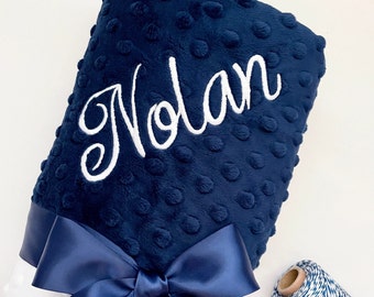 Navy Blue & White Minky Dot Baby Blanket { Shower Gift } Option to Personalize with Name or Initials - Crib, Stroller, Child, or Lovey Size