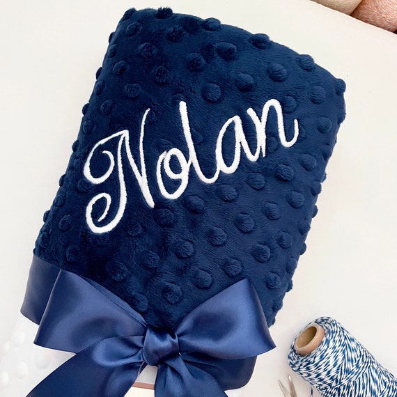 Navy Blue & White Minky Dot Baby Blanket { Shower Gift } Option to Personalize with Name or Initials - Crib, Stroller, Child, or Lovey Size