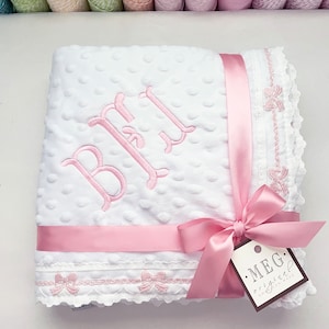 Heirloom Baby Girl Blanket { White & Pink } Minky Dot Blanket with Delicate Pink Bow Trim Finishing and Personalization of Name