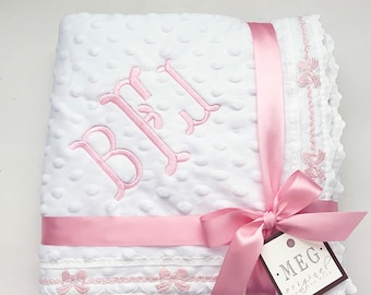 Heirloom Baby Girl Blanket { White & Pink } Minky Dot Blanket with Delicate Pink Bow Trim Finishing and Personalization of Name