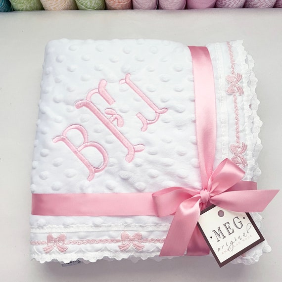 Heirloom Baby Girl Blanket { White & Pink } Minky Dot Blanket with Delicate Pink Bow Trim Finishing and Personalization of Name, PRE-ORDER