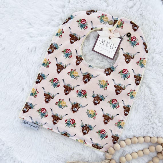 Highland Cow Bib for Baby Girls { Baby-to-Toddler Adjustable Snap Bibs } Soft Absorbent Cotton