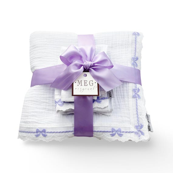 SUMMER SALE- Baby Girl Shower Gift Set { Blanket + Burp Cloth + Bib } White with Lavender Bows, Made and Ready for Same Day Shipping