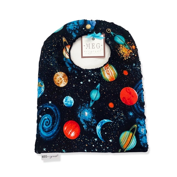 Space Bib { Baby / Toddler Adjustable Snap Bibs } Washable & Comfy, Absorbent Cotton + Soft Minky Backing, Planets Theme-Boy / Girl / Unisex