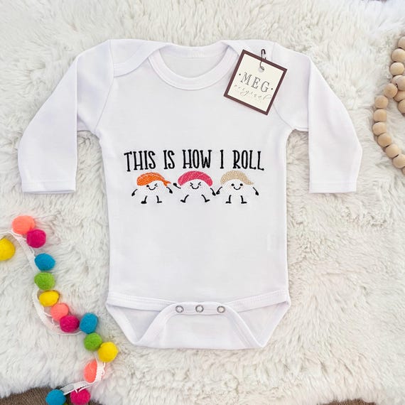 Funny Infant Bodysuit { This is How I Roll } Embroidered Sushi Rolls Baby Shower Gift, Boy-Girl-Unisex + Option to Personalize with Name