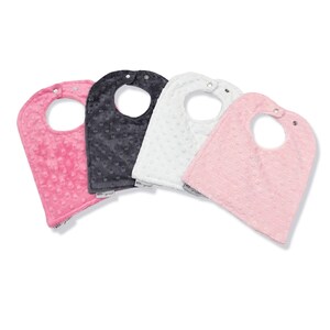 SPECIAL--Buy 3, Get 1 FREE-- Minky Dot Baby-to-Toddler Adjustable Snap Bibs, Pink, Paris Pink, White, and Charcoal- Baby Girl Shower Gift
