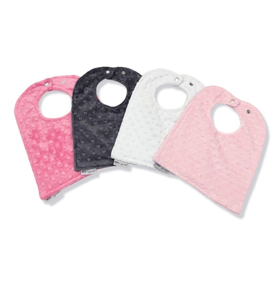 SPECIAL--Buy 3, Get 1 FREE-- Minky Dot Baby-to-Toddler Adjustable Snap Bibs, Pink, Paris Pink, White, and Charcoal- Baby Girl Shower Gift