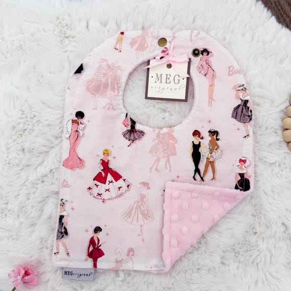 Vintage Barbie Bib for Baby Girls { Baby-to-Toddler Adjustable Snap Bibs } Soft Cotton, Absorbent, & Durable, Pink