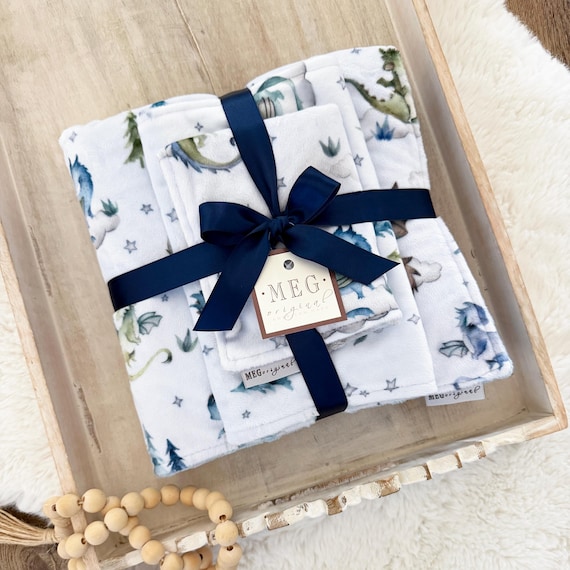 Dragon Dreams Minky Baby Boy Shower Gift Set - Blanket + Bib + Burp Cloth (Personalizable)