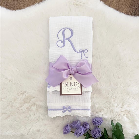 Cotton & Lace Baby Girl Burp Cloth Set of 2 { Heirloom Collection } Lavender Bows + Option to Personalize with Name or Initials Monogram
