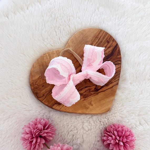 Pink Bows Lace Hair Bow on Soft Headband or Clip