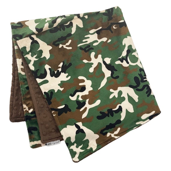 CAMO Minky Baby Boy Blanket { Camouflage } Backed with Super Soft Chocolate Brown Minky Dot, choose size and personalization