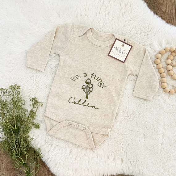 Funny Baby Boy Bodysuit { I'm a Fungi } Fun Play on Words Embroidered Baby Shower Gift + Option to Personalize with Name