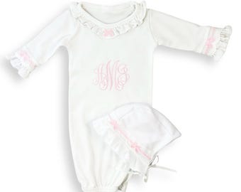 Beautiful Custom Newborn Baby Girl Flutter Sleeve Gown & Bonnet Set { Pink Bows } Personalized with Embroidered Initials, Great Shower Gift
