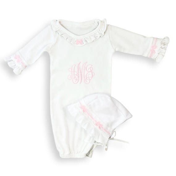 Beautiful Custom Newborn Baby Girl Flutter Sleeve Gown & Bonnet Set { Pink Bows } Personalized with Embroidered Initials, Great Shower Gift