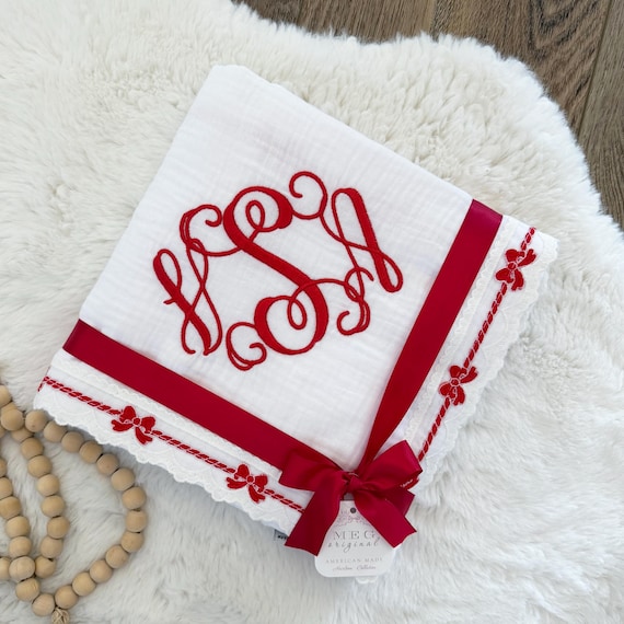 Heirloom Baby Blanket: White Cotton Swaddle, Red Bow Lace Trim