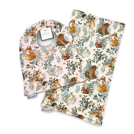 Adorable Baby Bib and Burp Cloth Set { Forest Dreams in Pink } Soft, Absorbent & Cute -Bears / Deer- Choose Reverse Color Minky Backing