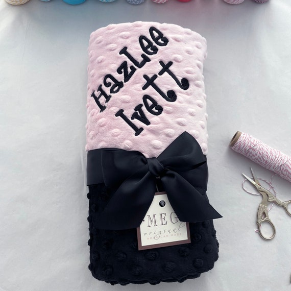 Pink & Black Minky Dot Baby Girl Blanket { Shower Gift } Option to Personalize with Name or Initials - Crib, Stroller, Child, or Lovey Size
