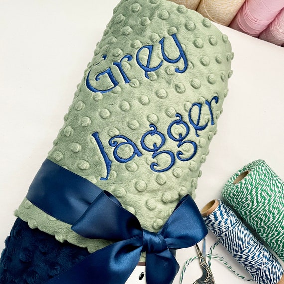 Personalized Minky Dot Baby Boy Blanket { Navy Blue + Dark Sage Green } Soft Blanket with Name / Initials - Choose Size - Baby Shower Gift