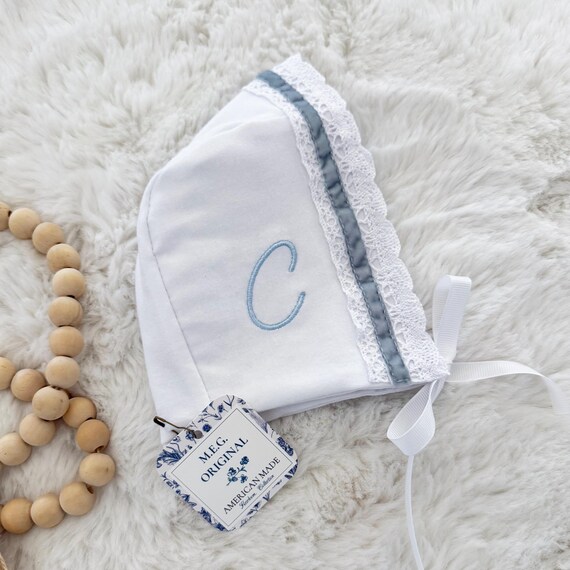 Personalized Baby Boy Bonnet { Heirloom Collection } White Crochet  Trim with Blue Velvet Ribbon, 0-6 months Adjustable Tie Cap with Initial