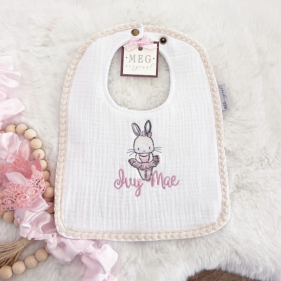 Ballerina Bunny Bib with Adjustable Snaps { Baby Girl / Toddler } 100% Cotton -Absorbent, Soft, Durable with Option to Personalize with Name