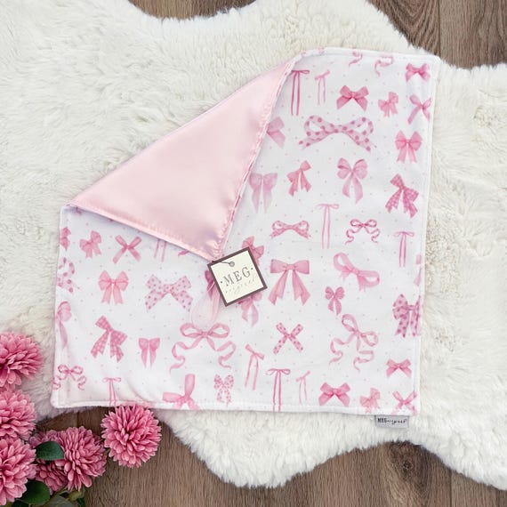 Satin + Minky Baby Girl Security Blanket / Lovey with Loop { Pink Bows }  Plus Option to Personalize with Name or Initials Monogram
