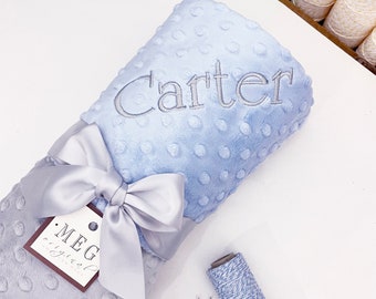 Blue & Gray Minky Dot Baby Boy Blanket + Option to Personalize with Custom Embroidery Name or Initials Monogram, Super Soft Shower Gift