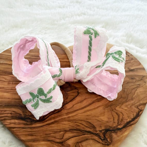 Pink & Green Bows Little Girl Hair Bow - Baby Shower / Easter Gift / Portrait, Photo Prop - Headband or Clip