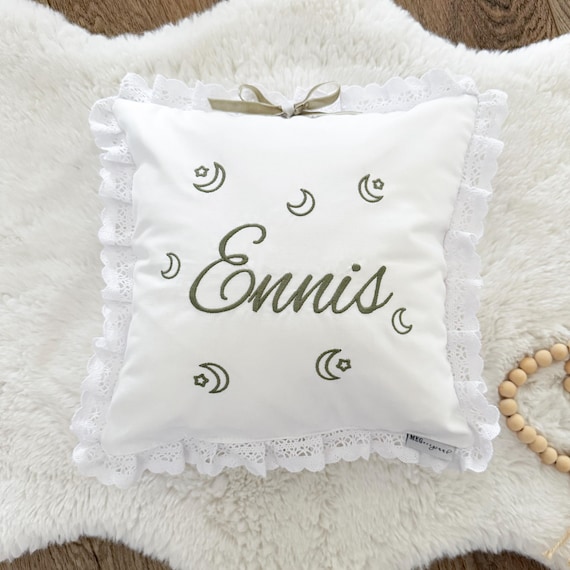 Personalized Lace Pillow and Blanket { Heirloom Collection } Embroidered Name with Moons & Stars- Baby Nursery Decor-Choose Color